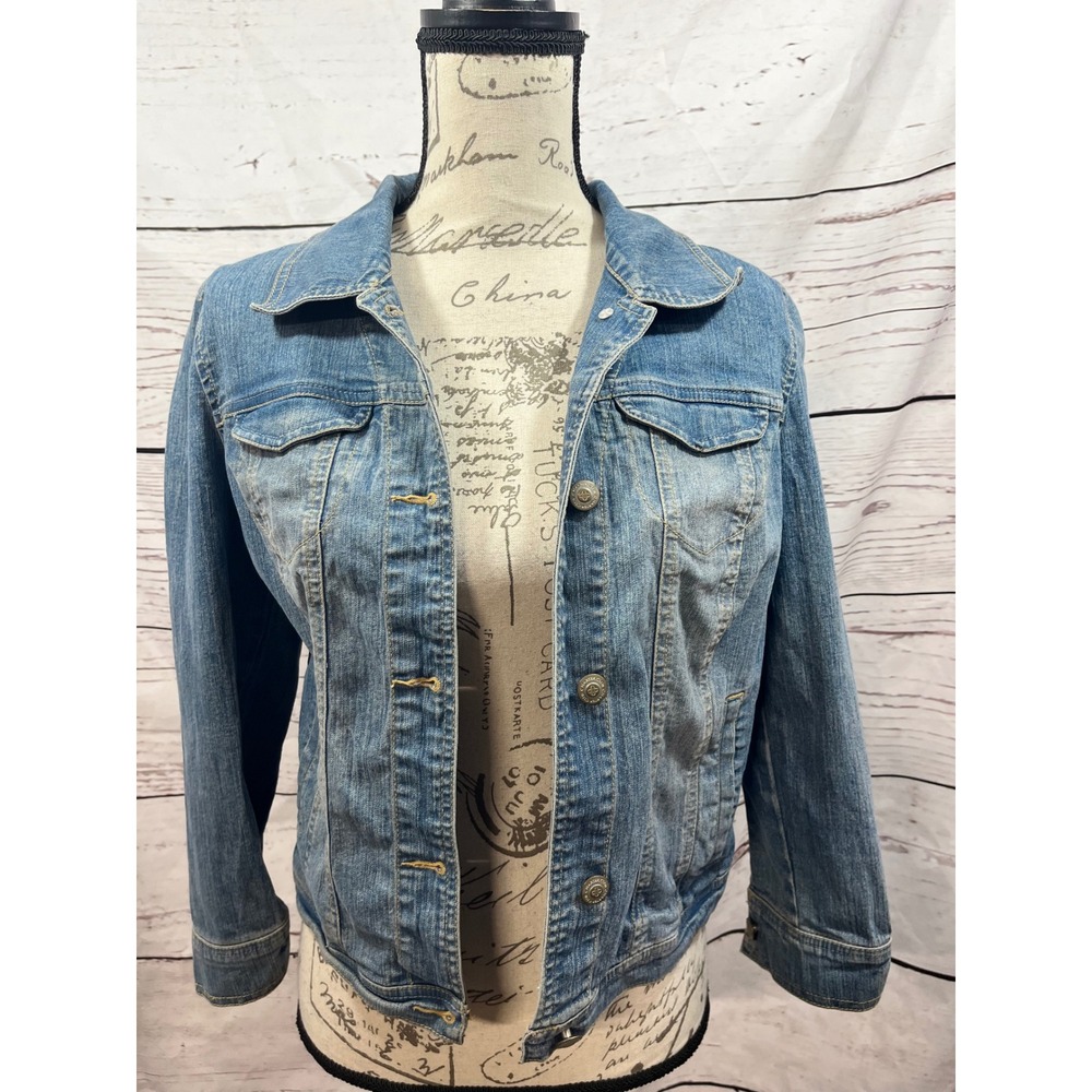 Charter Club Womens Blue Denim Jacket Medium Wash Stretch Button Up Small